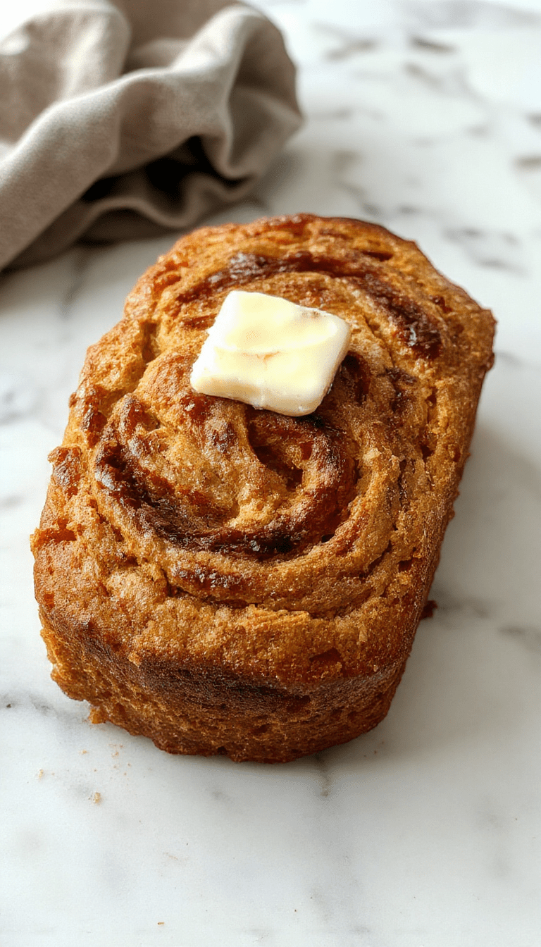 A close-up of a sliced pumpkin bread loaf featuring a cinnamon swirl pattern on a rustic wooden table, topped with a dollop of butter and garnished with cinnamon sticks and pumpkin seeds, showcasing its moist texture and warm autumn colors.