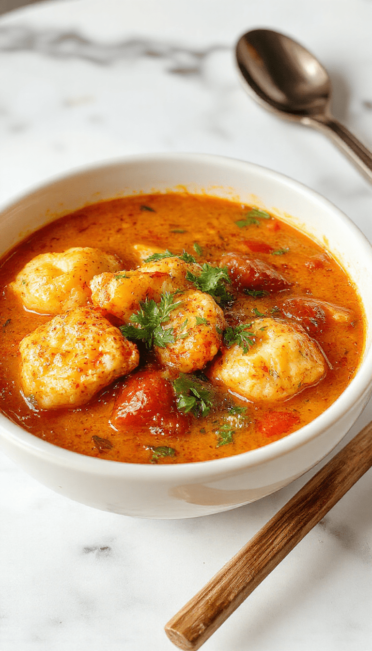 A vibrant bowl of curry dumpling soup with golden-brown dumplings floating in a rich, spicy turmeric-colored curry broth. Garnished with fresh herbs and a side of crusty bread, the steaming bowl is set on a rustic wooden table, highlighting the warm, inviting textures of the soup, with steam rising and a spoon ready to dive in.