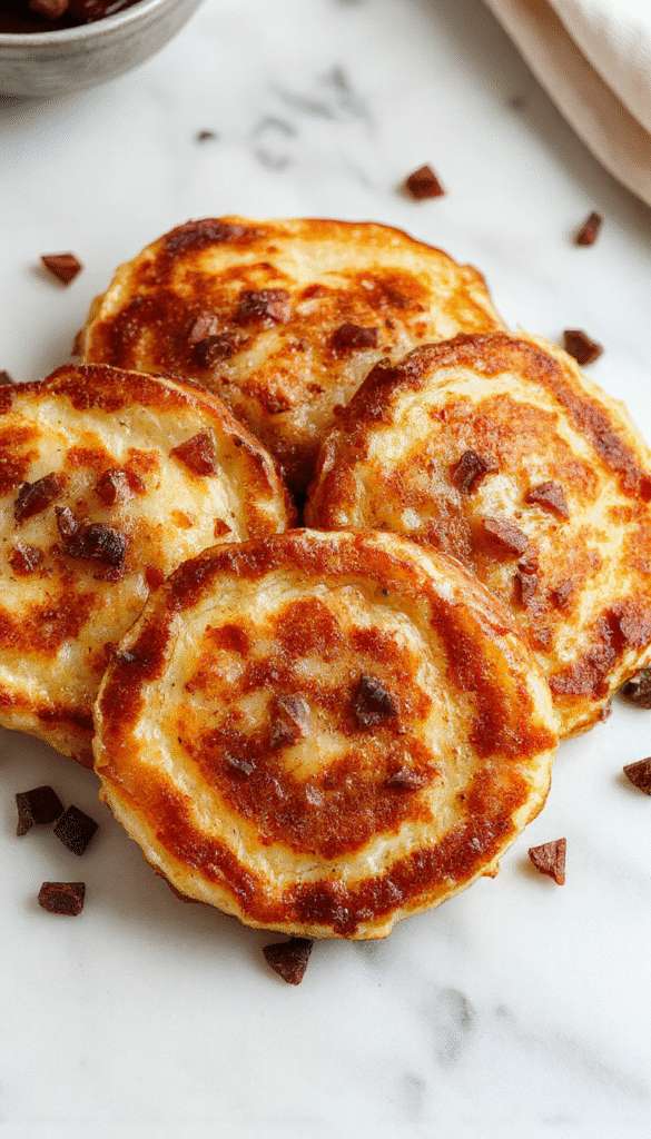 A stack of golden-brown German potato pancakes placed on a white plate, garnished with fresh herbs and served with sour cream and apple sauce. The crispy edges and tender interior are visible, with a rustic background and a hint of steam rising, showcasing the delicious texture and inviting presentation.