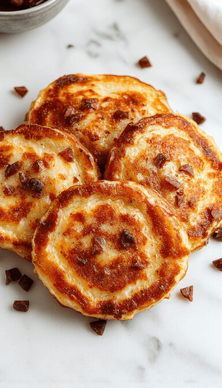 A stack of golden-brown German potato pancakes placed on a white plate, garnished with fresh herbs and served with sour cream and apple sauce. The crispy edges and tender interior are visible, with a rustic background and a hint of steam rising, showcasing the delicious texture and inviting presentation.