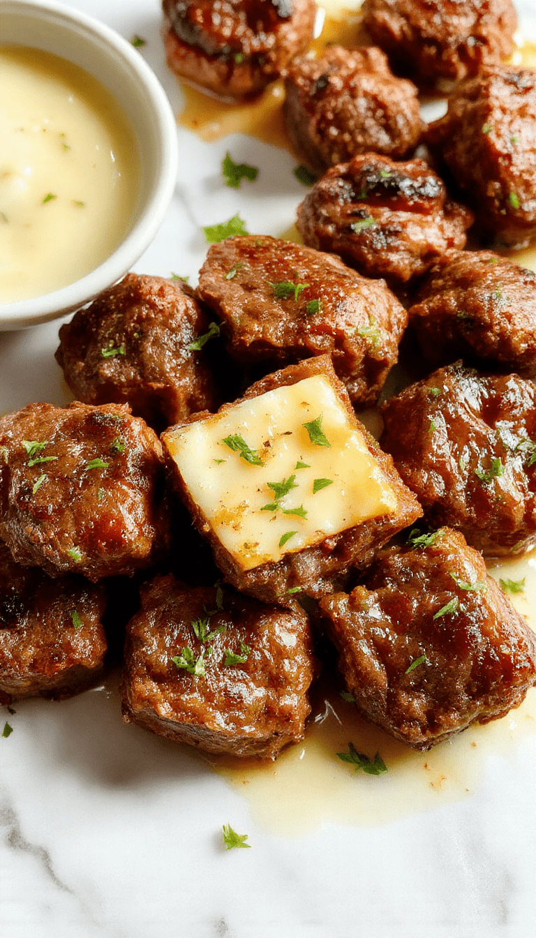 Colorful presentation of garlic butter beef bites served on a rustic plate. The beef is browned with a crispy exterior, garnished with fresh herbs, and surrounded by roasted garlic cloves and butter sauce, creating a rich, savory texture with glistening, succulent meat and vibrant green herbs.