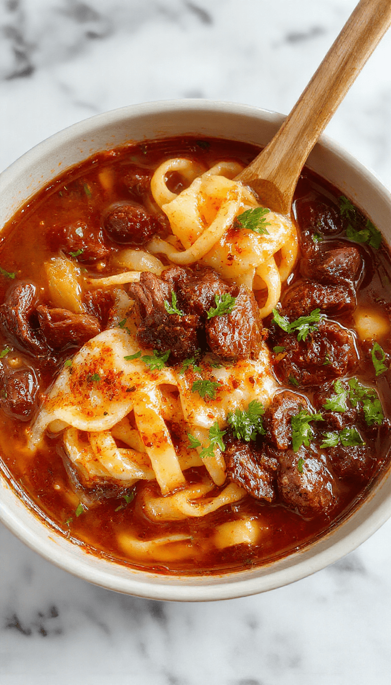 A steaming bowl of beef noodle soup with tender sliced beef, vibrant vegetables, and soft noodles garnished with fresh herbs, served in a rustic bowl on a wooden table with a spoon, showcasing rich broth and inviting textures.