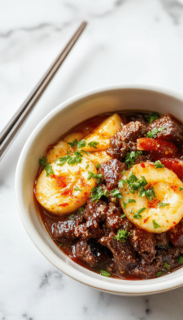 A vibrant Korean Ground Beef Bowl features tender ground beef cooked with savory Korean spices, topped with chopped green onions and sesame seeds, served over fluffy white rice in a rustic white bowl. The colorful dish showcases rich reds, bright greens, and sesame seeds adding texture and contrast, styled simply yet appetizingly.