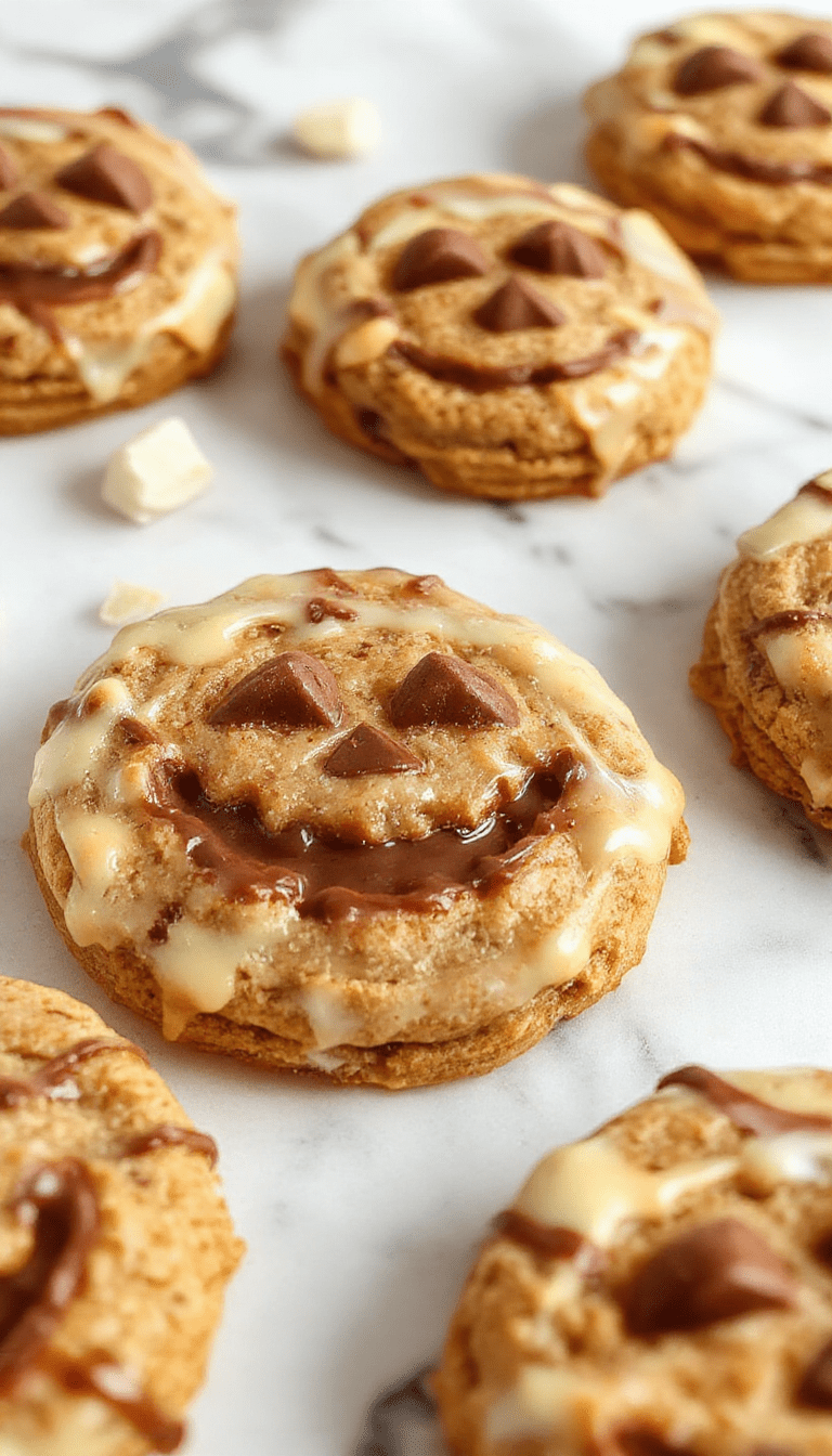Colorful jack-o'-lantern shaped cookies filled with creamy milk chocolate, decorated with orange and black icing, and presented on a rustic wooden tray with a Halloween theme, featuring textured cookies with glossy chocolate filling and vibrant orange accents.