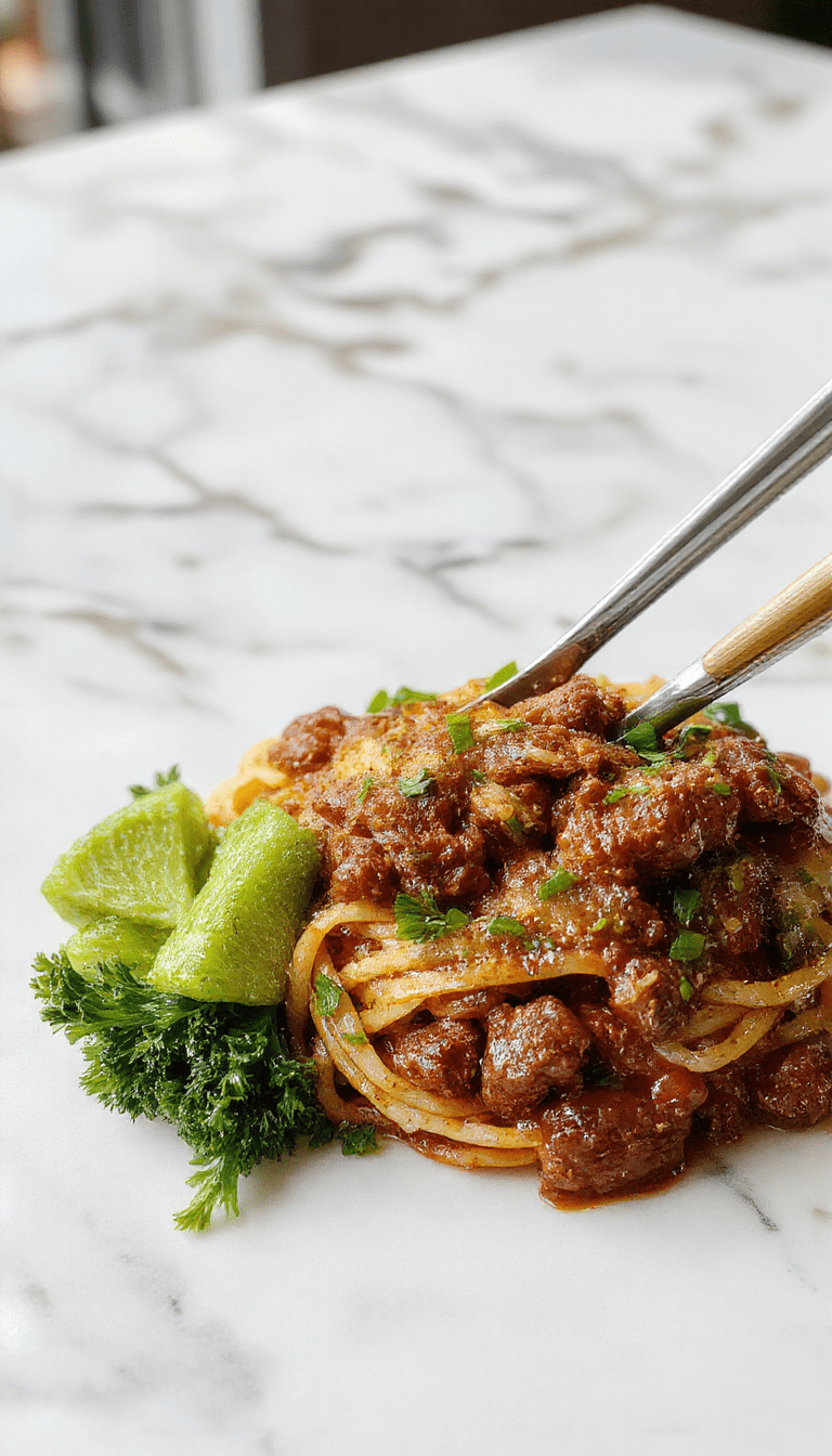 A vibrant bowl showcasing tender ground beef coated in rich, savory sauce atop perfectly cooked, glossy egg noodles. Garnished with sliced green onions and sesame seeds, arranged on a rustic wooden table with colorful vegetables in the background, highlighting textures and appetizing steam.