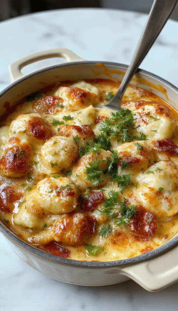 A rustic ceramic bowl filled with cheesy, golden-brown gnocchi and tender shredded chicken, topped with a flaky pastry crust, garnished with fresh herbs, set against a cozy kitchen background with warm lighting.