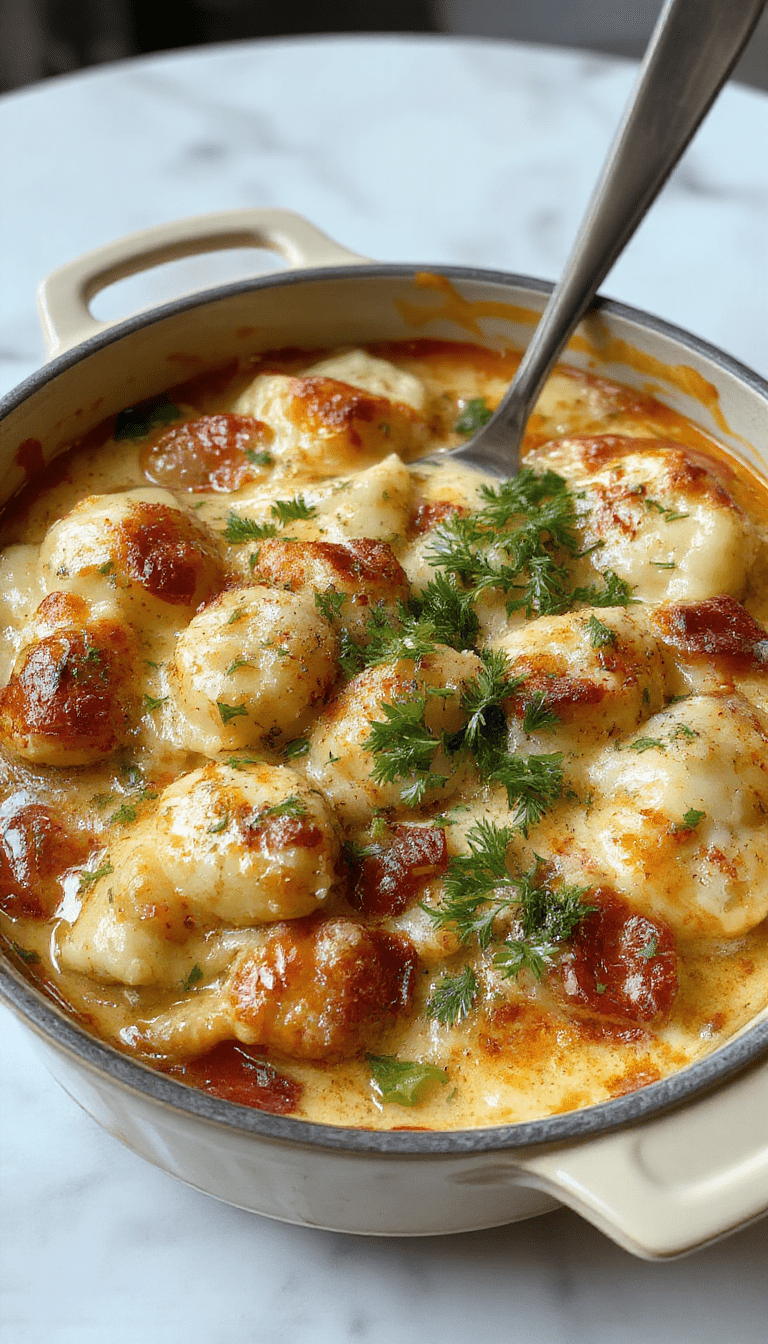 A rustic ceramic bowl filled with cheesy, golden-brown gnocchi and tender shredded chicken, topped with a flaky pastry crust, garnished with fresh herbs, set against a cozy kitchen background with warm lighting.