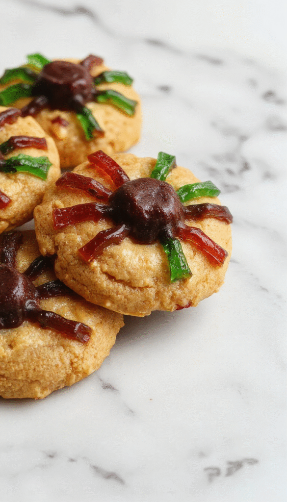 A close-up of a spider-shaped peanut butter cookie with a golden-brown exterior, topped with glossy chocolate eyes and wrapped in gummy candy legs radiating outward on a rustic white plate, set against a warm, softly blurred background.