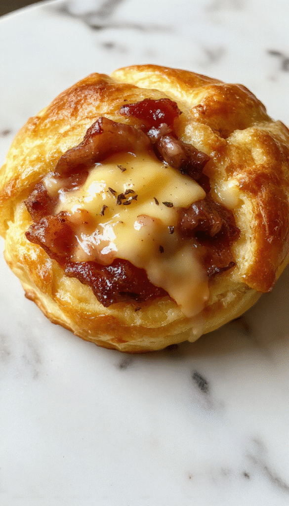 A golden-brown puff pastry base topped with a perfectly fried egg, melted cheese, and slices of ham, garnished with fresh herbs on a rustic wooden plate.