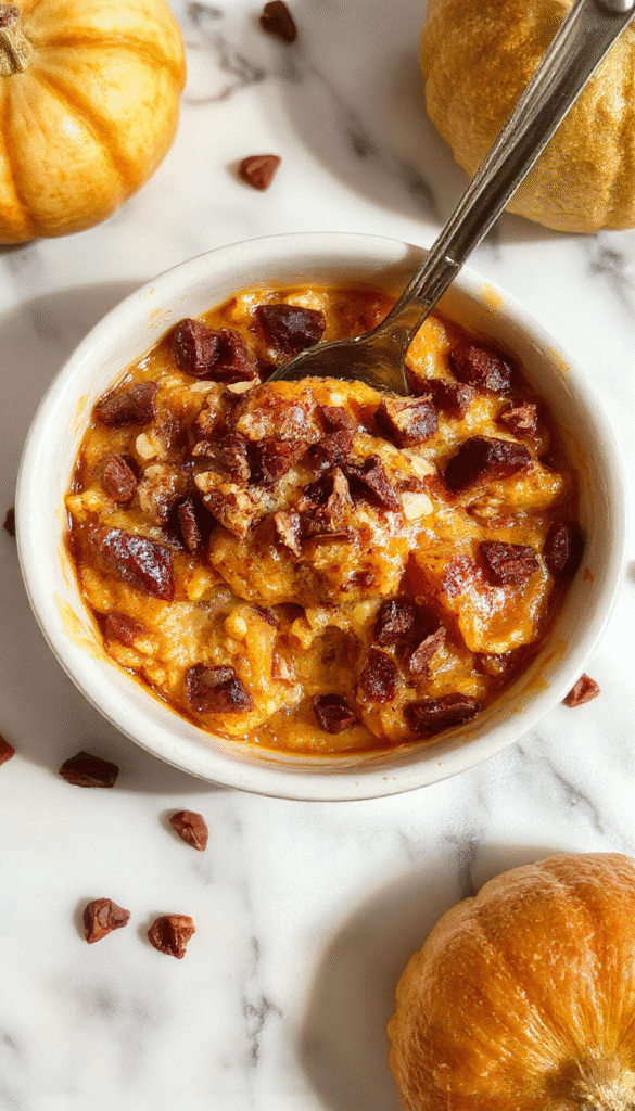 A vibrant bowl of pumpkin baked oatmeal topped with a sprinkle of cinnamon and fresh nuts. The oatmeal has a golden-brown crust with a creamy orange interior, served on a rustic wooden table with a spoon placed beside it. The surroundings evoke a warm, cozy ambiance perfect for fall-inspired breakfast presentations.