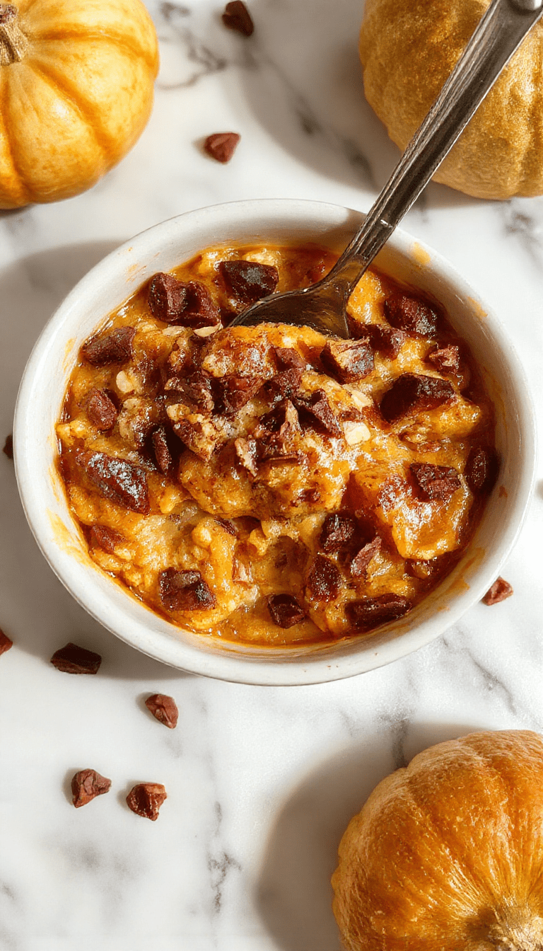 A vibrant bowl of pumpkin baked oatmeal topped with a sprinkle of cinnamon and fresh nuts. The oatmeal has a golden-brown crust with a creamy orange interior, served on a rustic wooden table with a spoon placed beside it. The surroundings evoke a warm, cozy ambiance perfect for fall-inspired breakfast presentations.