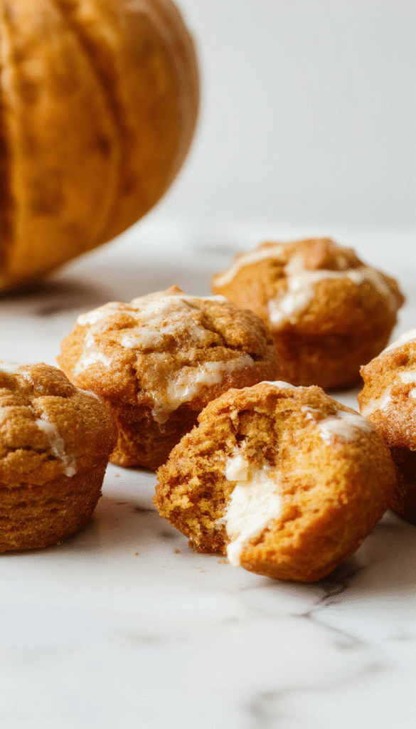 Colorful pumpkin cream cheese muffins arranged on a rustic wooden platter, topped with swirls of cream cheese frosting and pumpkin spice, with a fall-themed background featuring warm tones and cozy linens.