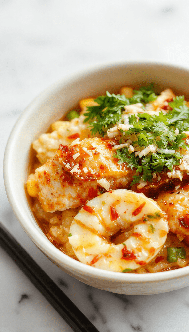 A vibrant bowl featuring grilled chicken pieces atop fluffy rice, garnished with charred corn kernels, fresh cilantro, crumbled cheese, and a drizzle of spicy sauce, all beautifully plated with colorful ingredients and a rustic backdrop.