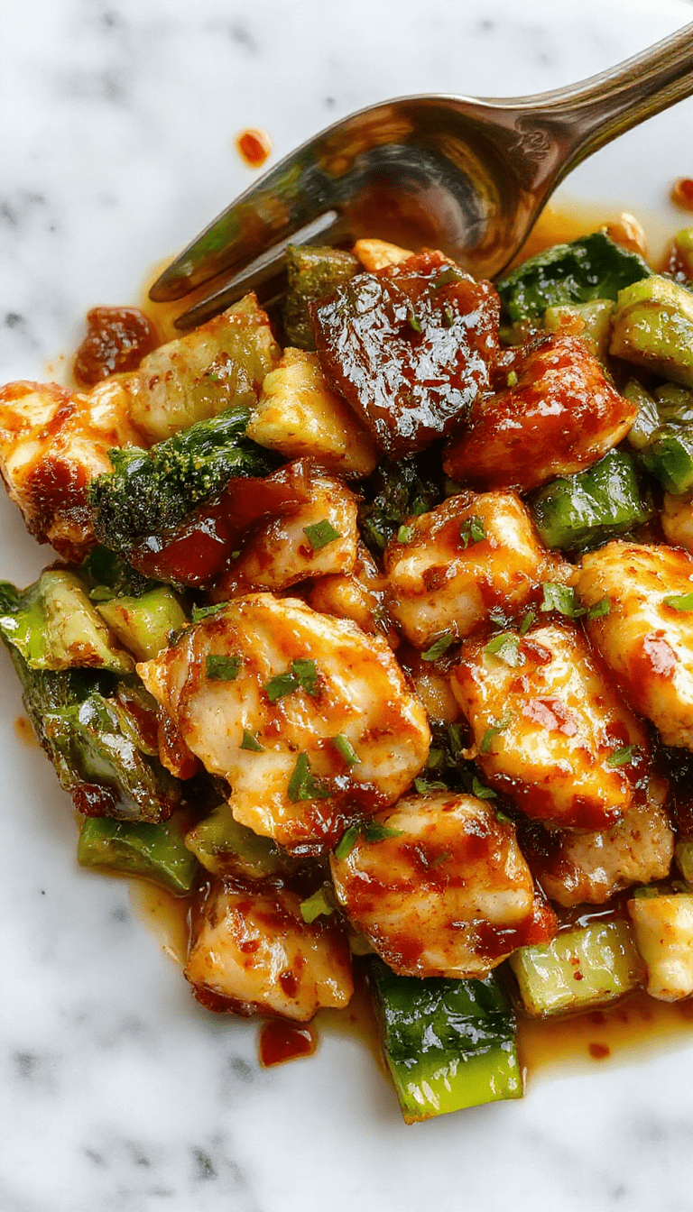 A vibrant stir fry dish featuring tender pieces of chicken coated in glossy teriyaki sauce, nestled among colorful bell peppers, broccoli florets, and sliced carrots on a white plate. The dish is garnished with sesame seeds and chopped green onions, with steam rising to showcase its freshness and appealing textures.