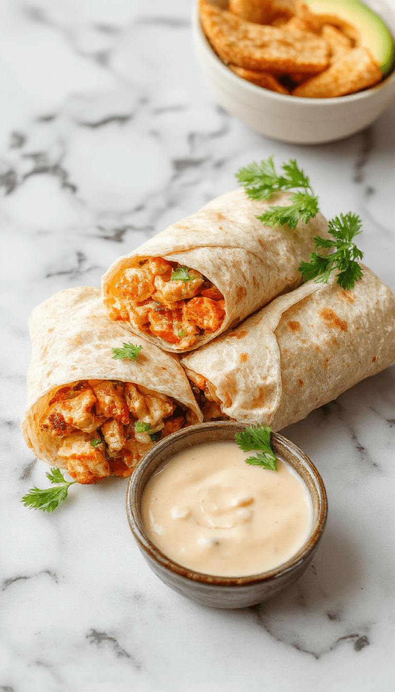Colorful Thai peanut chicken wraps plated neatly on a white dish, featuring tender grilled chicken slices, crunchy vegetables, and a rich peanut sauce, garnished with fresh cilantro and chopped peanuts for a vibrant presentation.