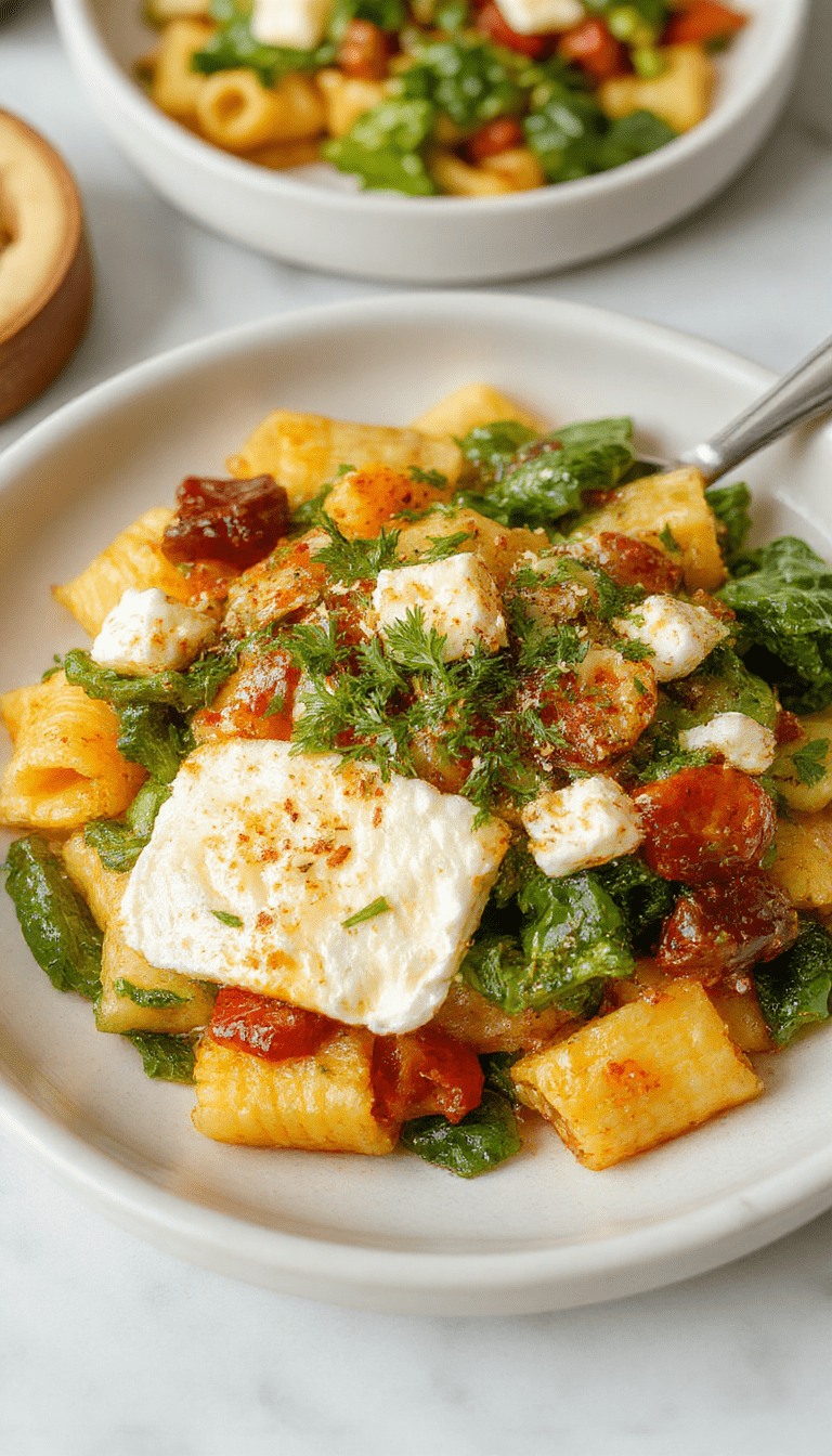 A vibrant and colorful plate of veggie pasta with crumbled baked feta cheese on top. The dish features spiral noodles coated in a rich tomato and vegetable sauce, garnished with fresh basil leaves. The pasta is presented on a rustic white plate, with a sprinkle of herbs and feta crumbles adding texture. The background is softly blurred, emphasizing the fresh ingredients and appetizing presentation.