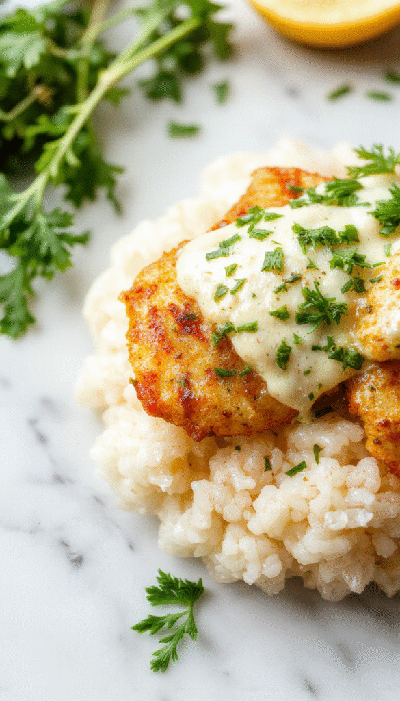 Colorful plated chicken tzatziki dish featuring tender baked chicken slices nestled on a bed of fluffy rice, topped with creamy cucumber yogurt sauce, garnished with fresh herbs and a lemon wedge, styled with vibrant Mediterranean colors and rustic table setting.