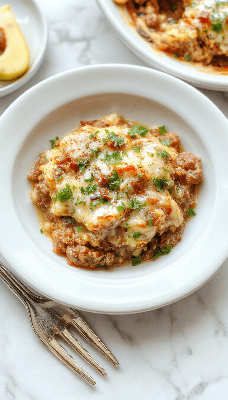 A rustic-style white plate featuring a hearty hobo casserole topped with melted cheese, colorful vegetables, and seasoned ground beef, garnished with fresh herbs, set against a wooden table with a fork and knife on the side, highlighting the textures and vibrant colors.