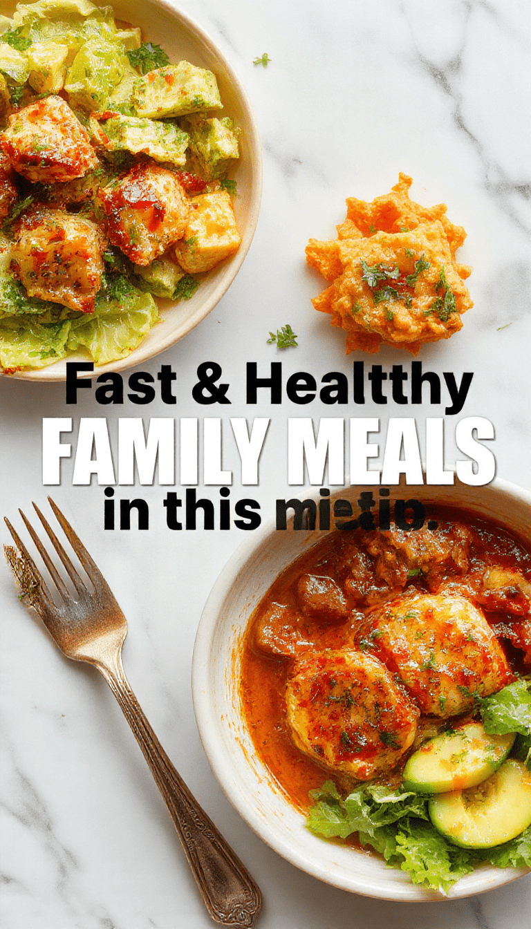 Colorful platter of assorted healthy family meals including grilled chicken, roasted vegetables, and quinoa, styled on a white plate with fresh herbs and vibrant garnish, highlighting textures and appetizing presentation