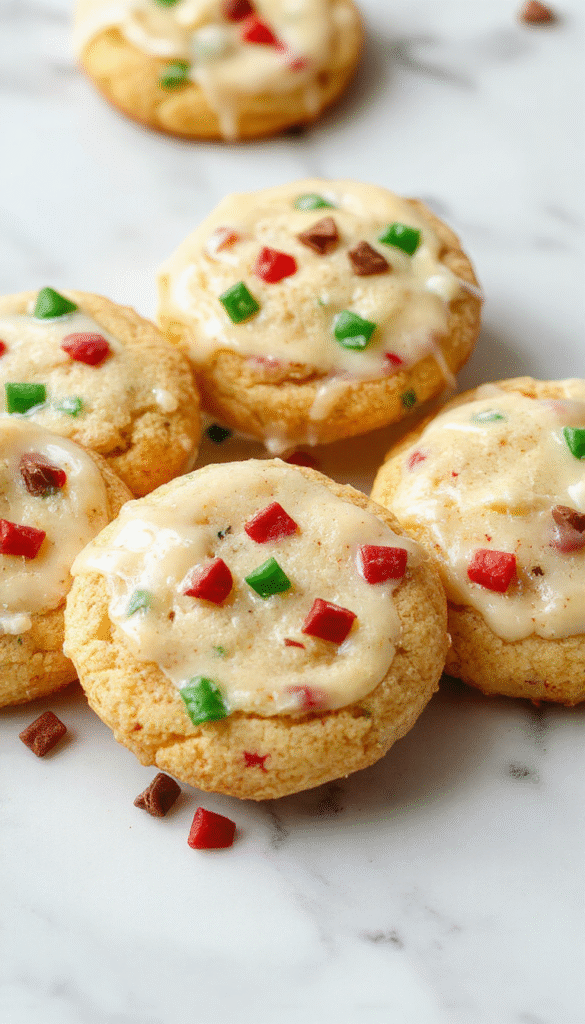 A colorful array of holiday cookies on a rustic wooden platter, featuring decorated sugar cookies with vibrant icing, chocolate chip cookies, and thumbprint cookies with jam, all sprinkled with festive toppings, styled with holiday greenery and fairy lights in the background, creating a cozy and inviting atmosphere.