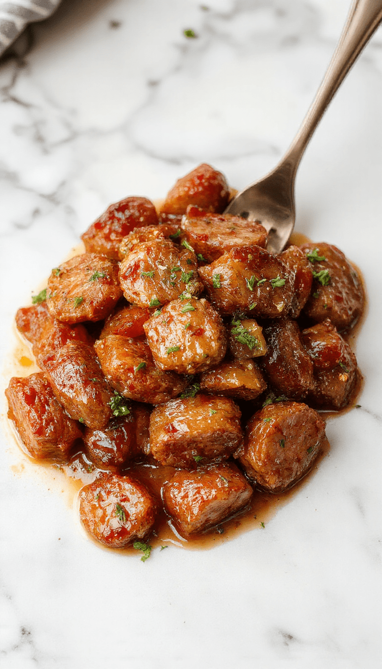A vibrant plate featuring sliced sausage nestled among colorful bell peppers and onions, garnished with fresh herbs, all served on a rustic white platter with a wooden background.