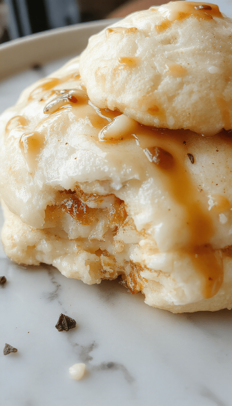 A stack of thick and fluffy Japanese souffle pancakes stacked on a white plate, topped with powdered sugar and drizzled with syrup. The pancakes have a golden-brown exterior with a soft, airy, cloud-like interior visible at the cut edges. The background is a rustic wooden table with a small dish of butter and a cup of tea, styled to highlight the light and fluffy textures of the pancakes.