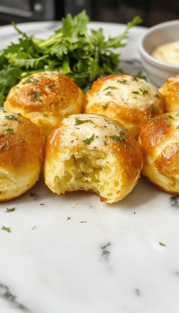 A close-up of golden-brown garlic butter bread rolls arranged on a rustic wooden platter. The rolls are glossy with a buttery garlic glaze, sprinkled with fresh chopped parsley, showcasing fluffy, airy textures inside. The background features a cozy kitchen setting with a knife and a small dish of extra garlic butter.