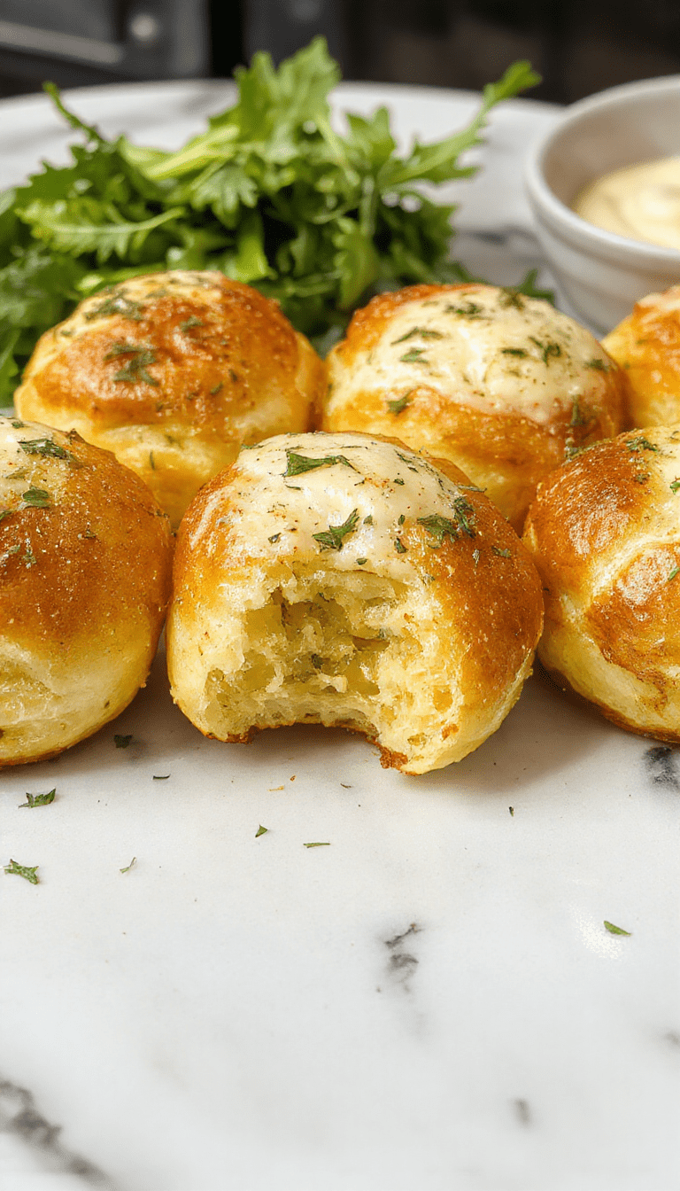 A close-up of golden-brown garlic butter bread rolls arranged on a rustic wooden platter. The rolls are glossy with a buttery garlic glaze, sprinkled with fresh chopped parsley, showcasing fluffy, airy textures inside. The background features a cozy kitchen setting with a knife and a small dish of extra garlic butter.