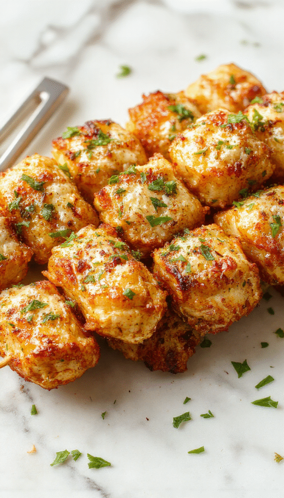 Colorful chicken skewers glazed with golden garlic parmesan coating, garnished with fresh parsley on a rustic wooden platter. The skewers are carefully laid out with hints of melted cheese, crispy edges, and vibrant herbs, styled for an inviting, homey presentation.