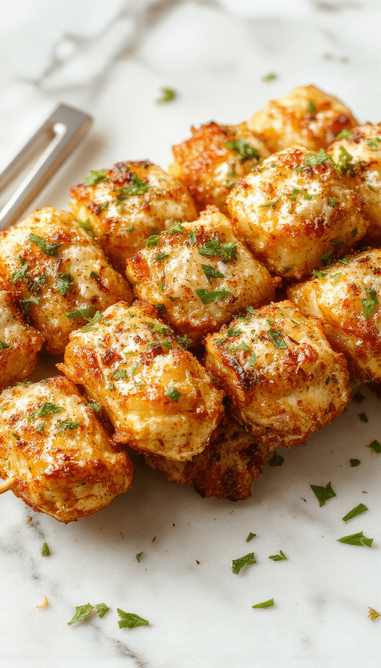 Colorful chicken skewers glazed with golden garlic parmesan coating, garnished with fresh parsley on a rustic wooden platter. The skewers are carefully laid out with hints of melted cheese, crispy edges, and vibrant herbs, styled for an inviting, homey presentation.