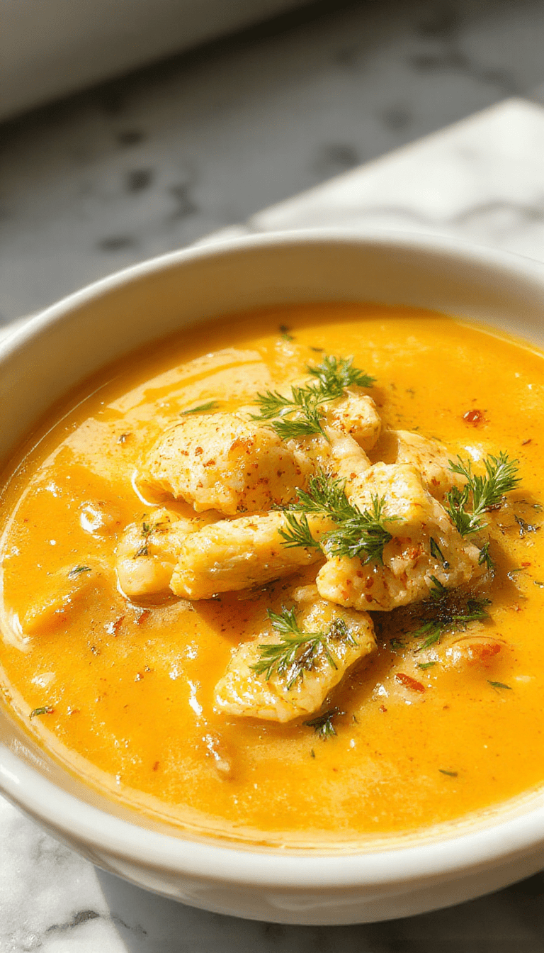 A steaming bowl of bright yellow turmeric chicken soup garnished with fresh herbs, served on a rustic wooden table. The soup contains tender shredded chicken pieces, vibrant turmeric-infused broth, and colorful vegetables like carrots and celery, with a sprinkle of black pepper on top. The background features additional herbs and lemon slices, emphasizing freshness and wellness.