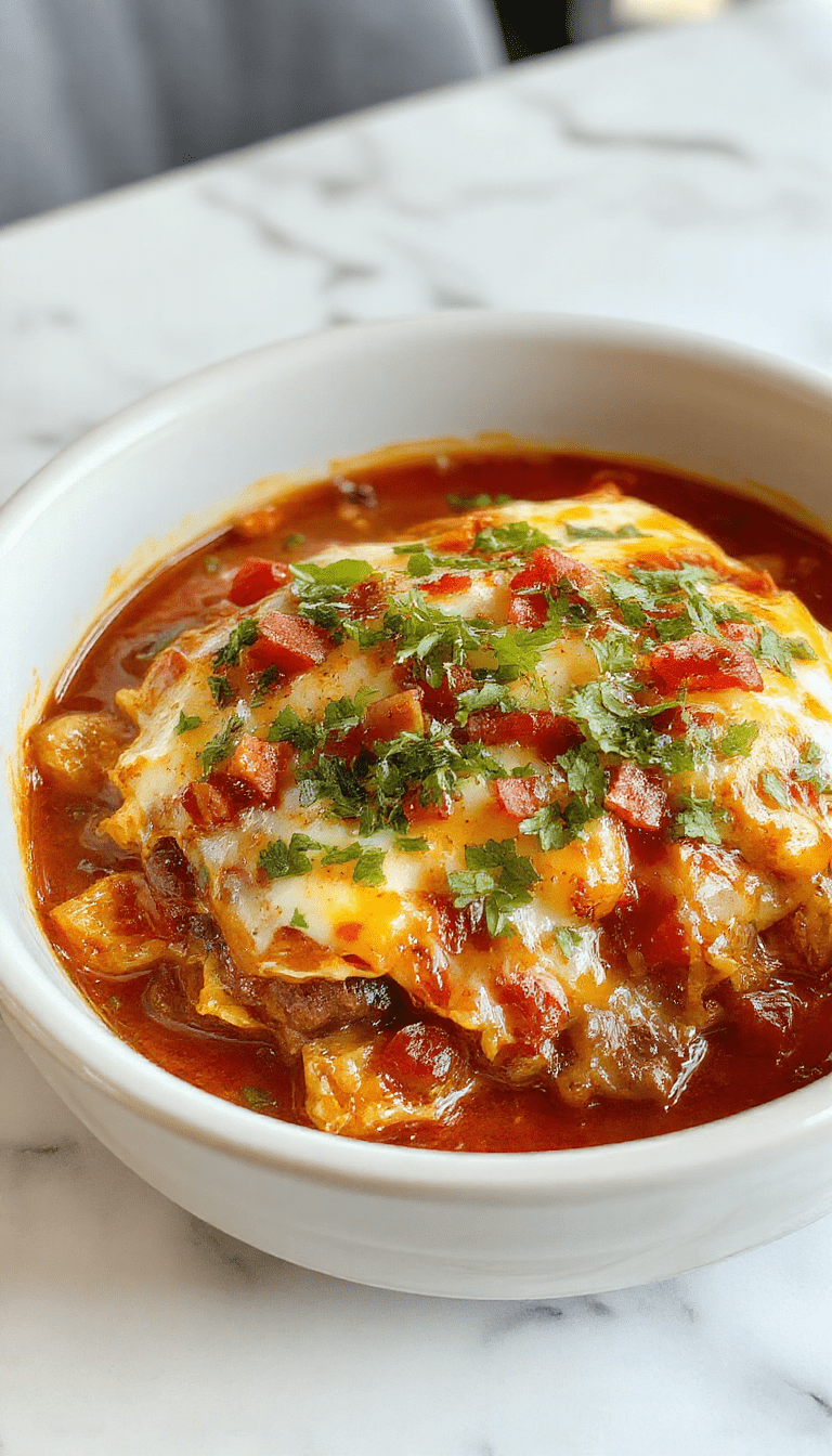 A vibrant, colorful skillet dish featuring layers of seasoned ground meat, melted cheese, and fresh chopped cilantro on top of a rich red enchilada sauce, served hot on a rustic wooden table with a side of lime wedges and sliced avocado, showcasing textures of gooey cheese, tender meat, and crispy edges.