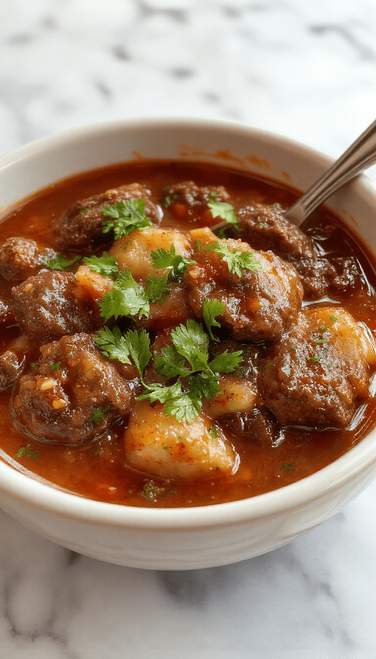 A rustic white bowl filled with tender chunks of beef, carrots, potatoes, and celery in a rich brown gravy. The stew is garnished with fresh herbs and served on a wooden table with a spoon resting beside it. The vibrant colors of orange carrots, green herbs, and golden potatoes contrast beautifully with the dark, savory broth, creating an inviting, homely presentation.