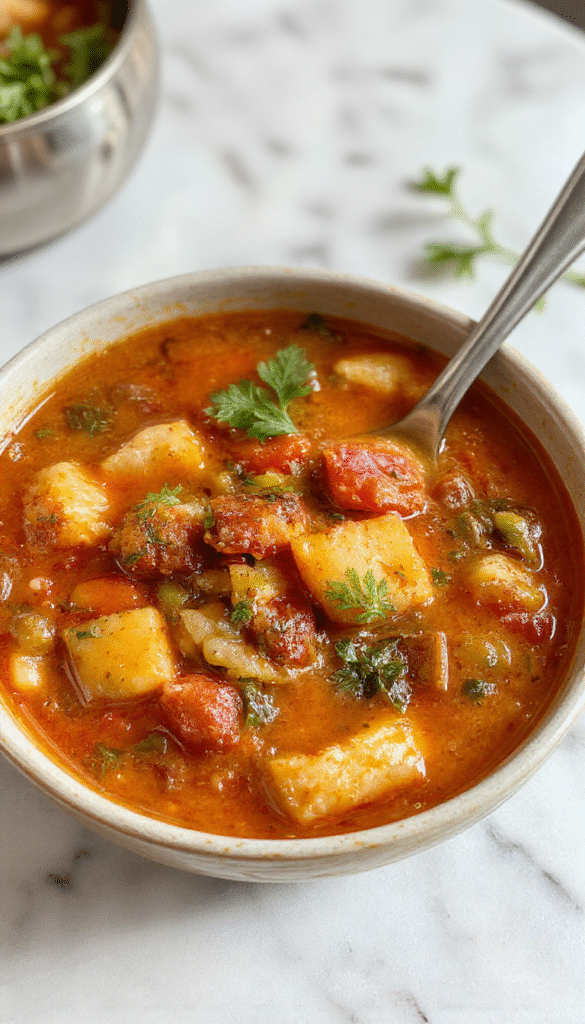 A colorful bowl of classic minestrone soup featuring a vibrant mix of diced carrots, celery, beans, and pasta, garnished with fresh herbs, served on a rustic wooden table with a spoon, showcasing the rich broth's textures and fresh ingredients.