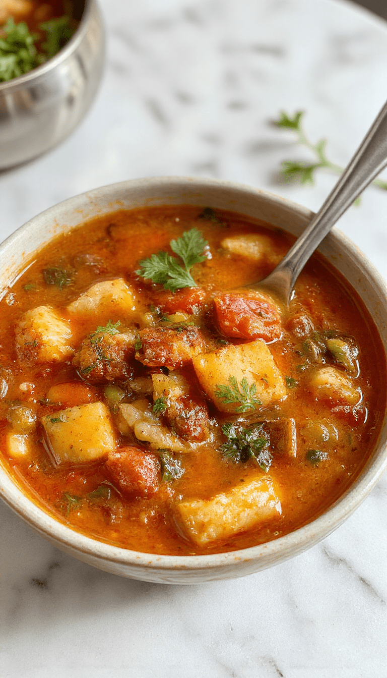 A colorful bowl of classic minestrone soup featuring a vibrant mix of diced carrots, celery, beans, and pasta, garnished with fresh herbs, served on a rustic wooden table with a spoon, showcasing the rich broth's textures and fresh ingredients.