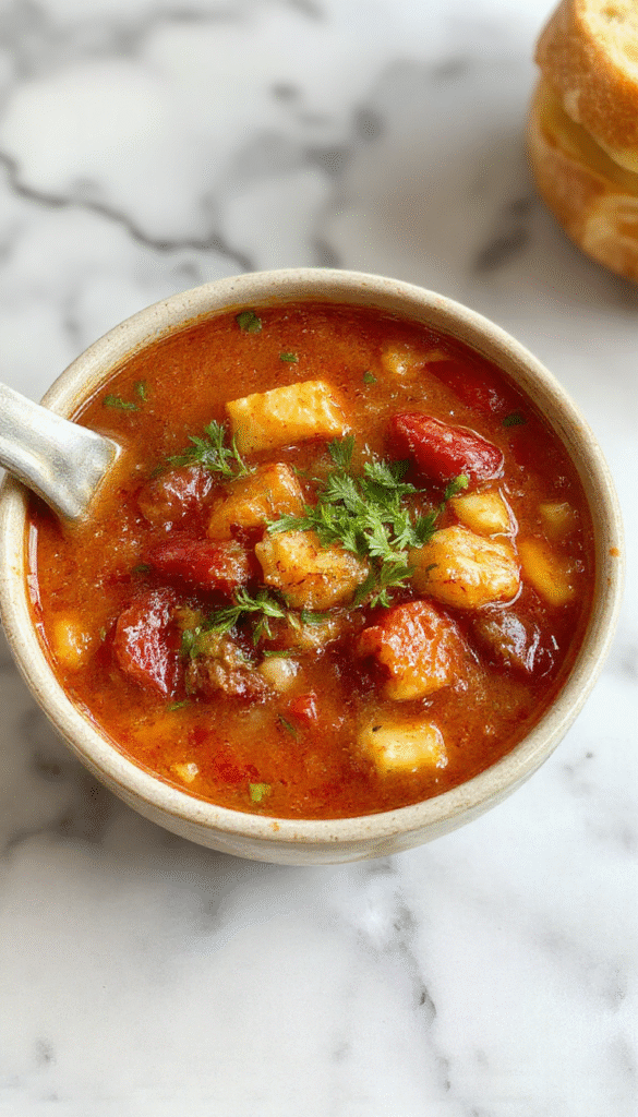 A vibrant bowl of cowboy soup featuring tender chunks of beef, beans, corn, and tomatoes, topped with fresh herbs. The soup is served in a rustic bowl on a wooden table, showing a hearty, textured surface with steam rising and colorful ingredients visible.