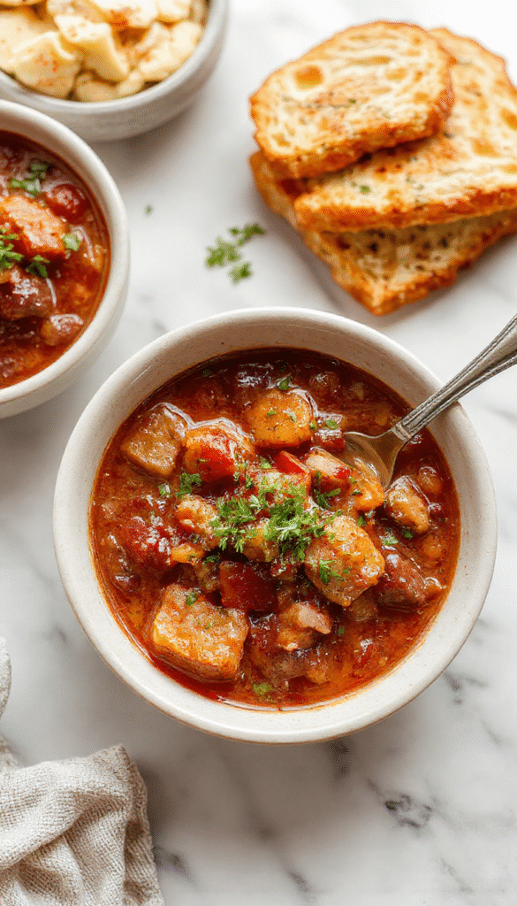 A rustic bowl of cowboy stew filled with chunks of tender beef, vibrant vegetables, and rich broth. The stew is garnished with fresh herbs, served on a wooden table with a crusty bread loaf beside, showcasing a hearty and inviting presentation with warm earthy tones and steamy textures.