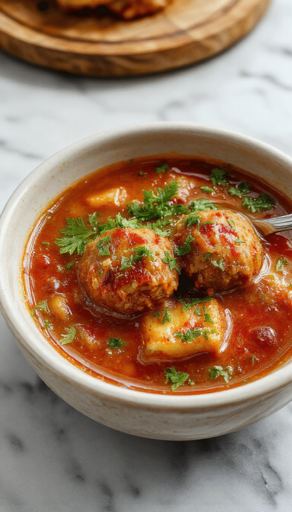 A vibrant bowl of Italian Meatball Soup featuring plump meatballs nestled in a clear, aromatic broth filled with fresh tomatoes, spinach, and herbs. The soup is garnished with grated Parmesan cheese and chopped parsley, served in a rustic white bowl on a wooden table, showcasing textures of tender meatballs and colorful vegetables.