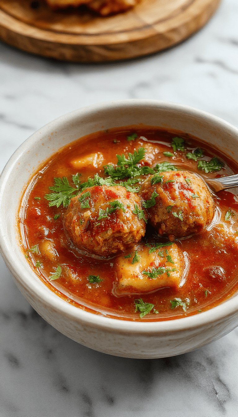 A vibrant bowl of Italian Meatball Soup featuring plump meatballs nestled in a clear, aromatic broth filled with fresh tomatoes, spinach, and herbs. The soup is garnished with grated Parmesan cheese and chopped parsley, served in a rustic white bowl on a wooden table, showcasing textures of tender meatballs and colorful vegetables.
