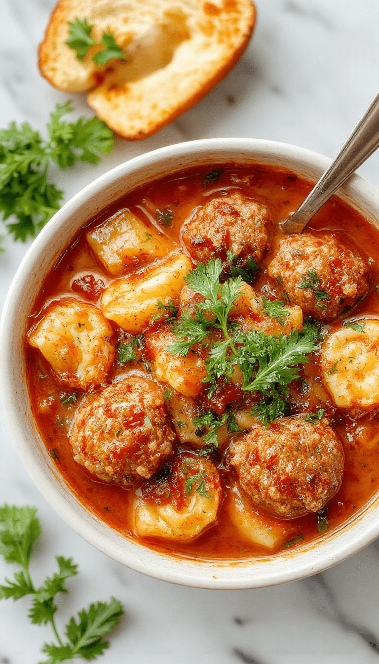 A vibrant bowl of hearty meatball tortellini soup featuring plump meatballs, colorful tortellini, fresh herbs, and vegetables in a rich broth, garnished with grated cheese and a sprinkle of parsley, styled in a rustic white bowl on a wooden table.