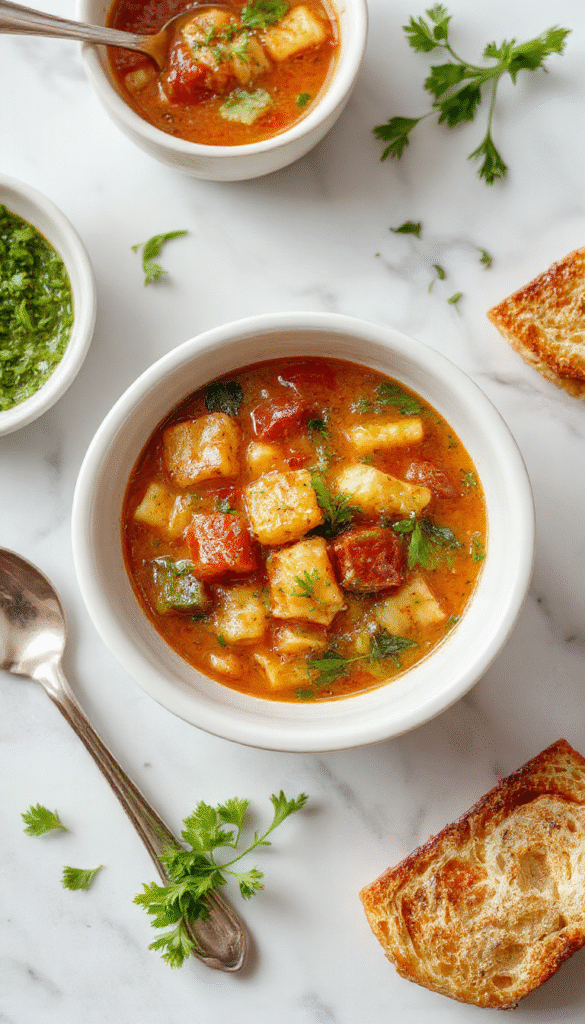 A rustic white bowl filled with vibrant Italian pasta fagioli soup, showcasing a rich tomato base with cannellini beans, small pasta, and sprinkled with fresh parsley. The soup has a hearty texture, topped with grated Parmesan cheese, set on a wooden table with a breadstick and fresh herbs in the background, evoking warmth and comfort.