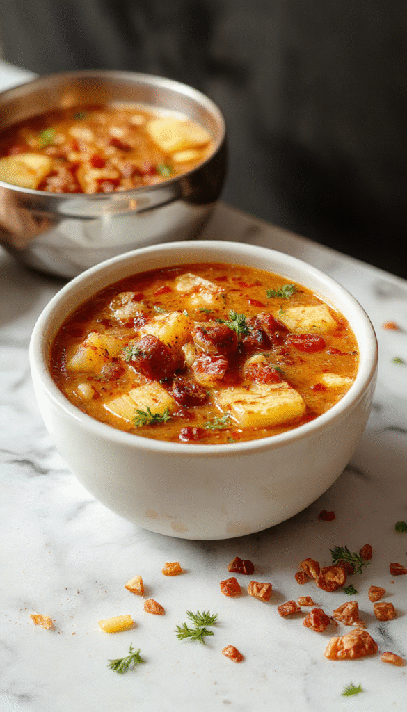 A vibrant bowl of hearty lentil and potato soup featuring chopped potatoes, green lentils, and herbs, garnished with fresh parsley on a rustic wooden table with a spoon beside, capturing warm, comforting textures and inviting colors.
