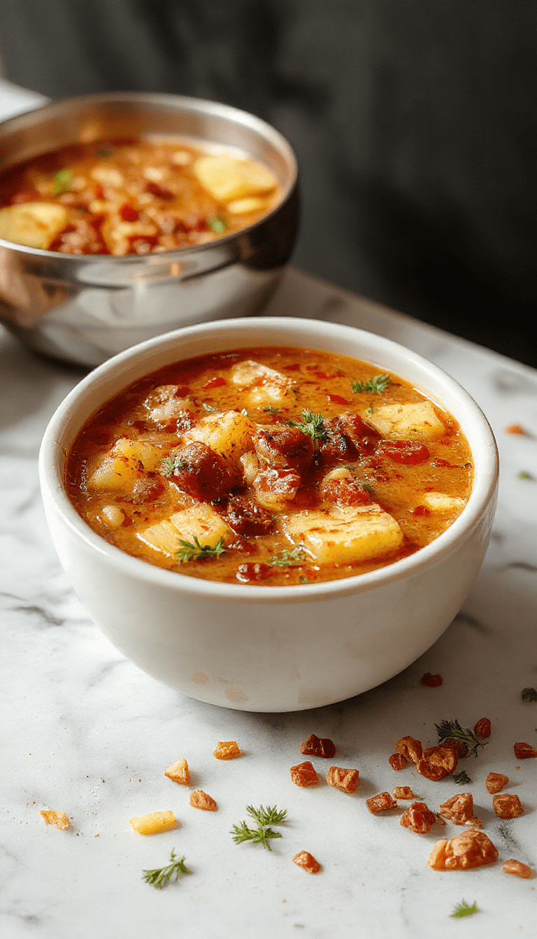 A vibrant bowl of hearty lentil and potato soup featuring chopped potatoes, green lentils, and herbs, garnished with fresh parsley on a rustic wooden table with a spoon beside, capturing warm, comforting textures and inviting colors.