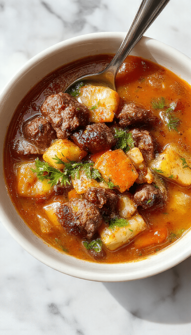 A steaming bowl of homemade vegetable beef soup featuring tender chunks of beef, vibrant carrots, celery, potatoes, and green beans immersed in a rich broth, garnished with fresh herbs, presented in a rustic white bowl on a wooden table with a spoon beside it.