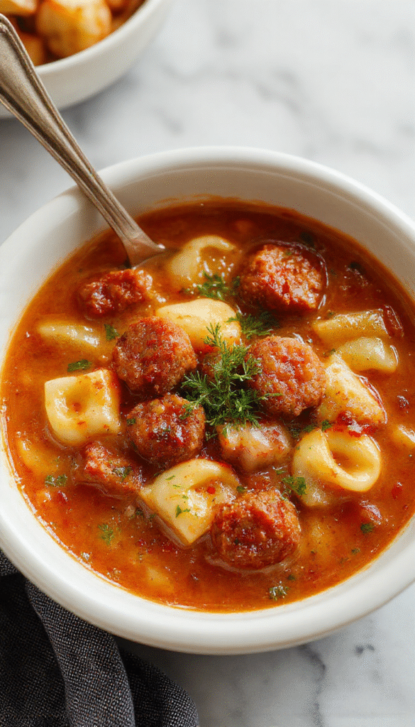 A steaming bowl of sausage and tortellini soup showcasing plump tortellini, browned sausage chunks, fresh herbs, and vegetables in a vibrant, savory broth, served on a rustic wooden plate with a drizzle of olive oil and a sprinkle of cheese.