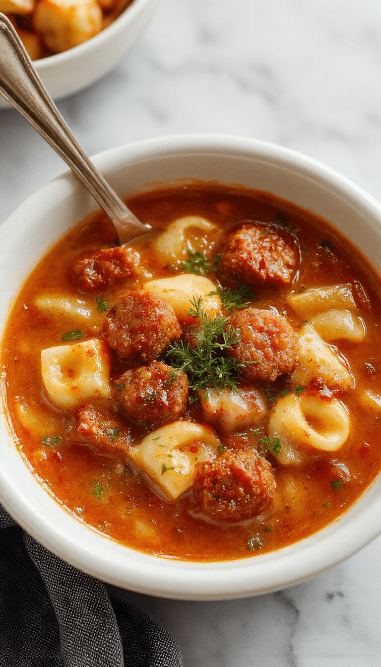 A steaming bowl of sausage and tortellini soup showcasing plump tortellini, browned sausage chunks, fresh herbs, and vegetables in a vibrant, savory broth, served on a rustic wooden plate with a drizzle of olive oil and a sprinkle of cheese.