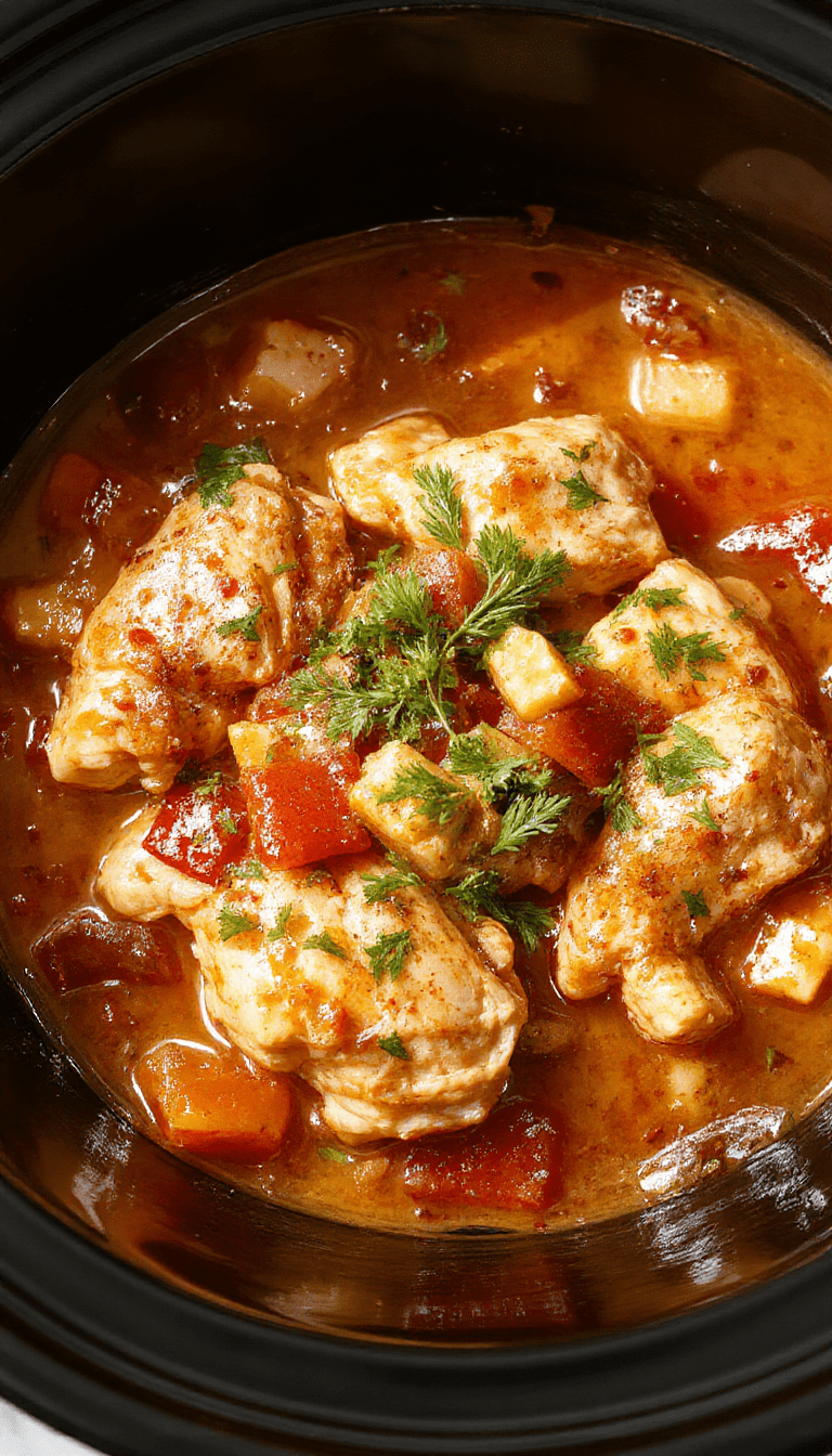 A rustic bowl of hearty chicken stew with tender shredded chicken, colorful carrots, potatoes, and green peas in a rich, flavorful broth. The dish is garnished with fresh herbs and served in a matte ceramic bowl on a wooden table, with steam rising and a side of crusty bread nearby.