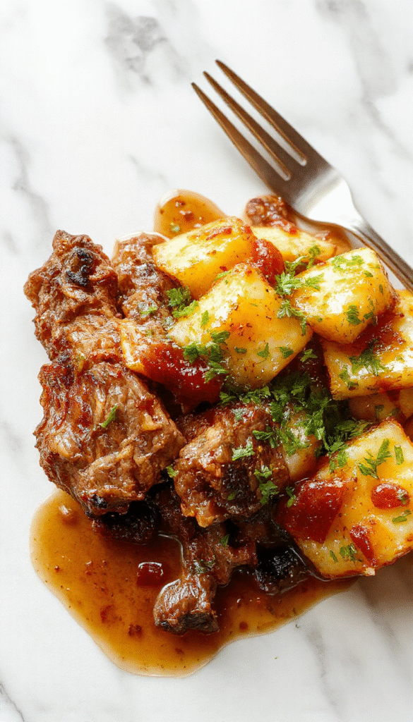 A warm, rustic-style dish featuring tender chunks of steak nestled atop creamy mashed potatoes, all topped with melted sharp cheddar cheese. The casserole is beautifully plated in a deep dish with a golden, bubbly cheese crust, garnished with fresh herbs, capturing a comforting and hearty home-cooked meal setting.