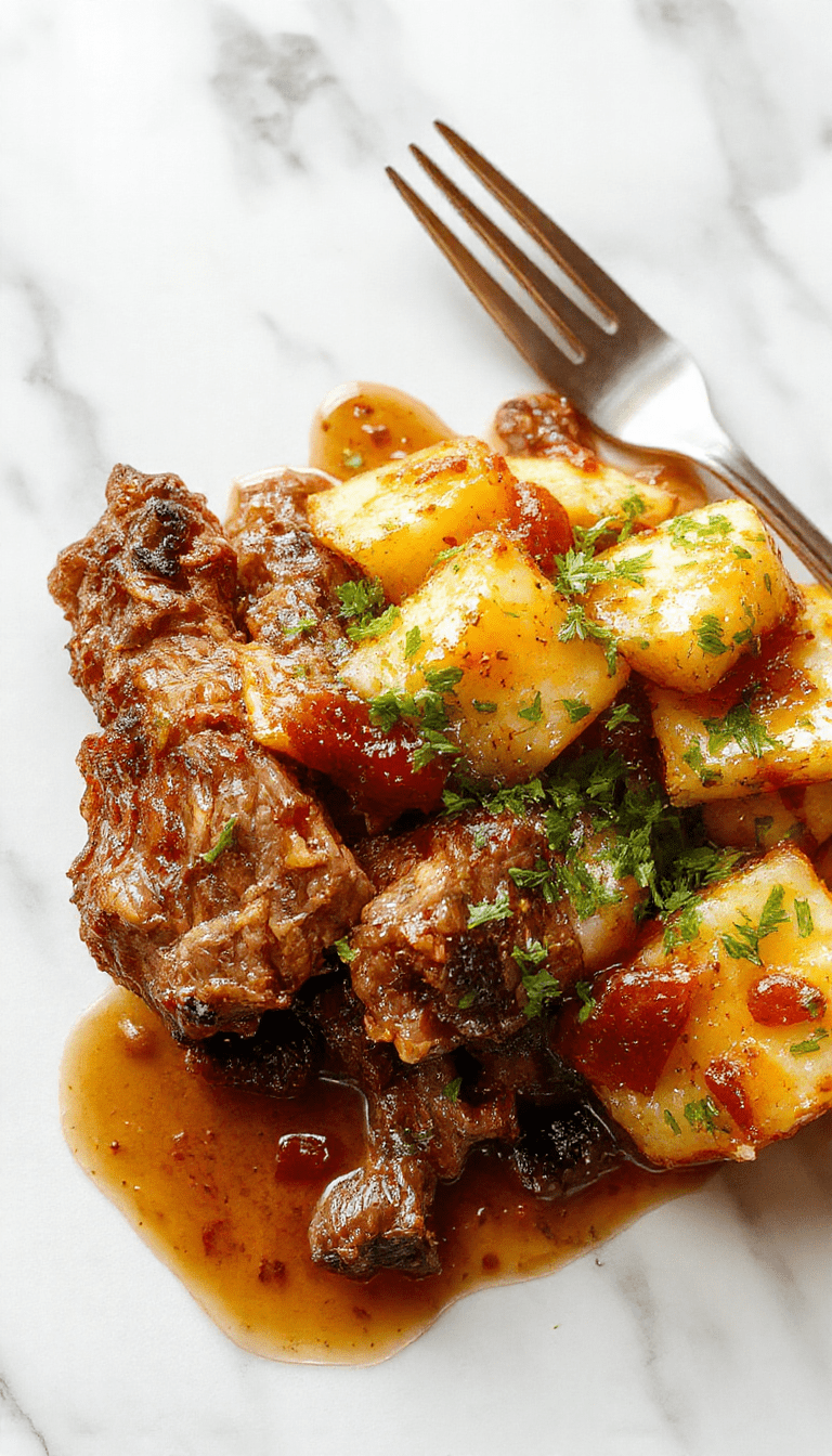 A warm, rustic-style dish featuring tender chunks of steak nestled atop creamy mashed potatoes, all topped with melted sharp cheddar cheese. The casserole is beautifully plated in a deep dish with a golden, bubbly cheese crust, garnished with fresh herbs, capturing a comforting and hearty home-cooked meal setting.