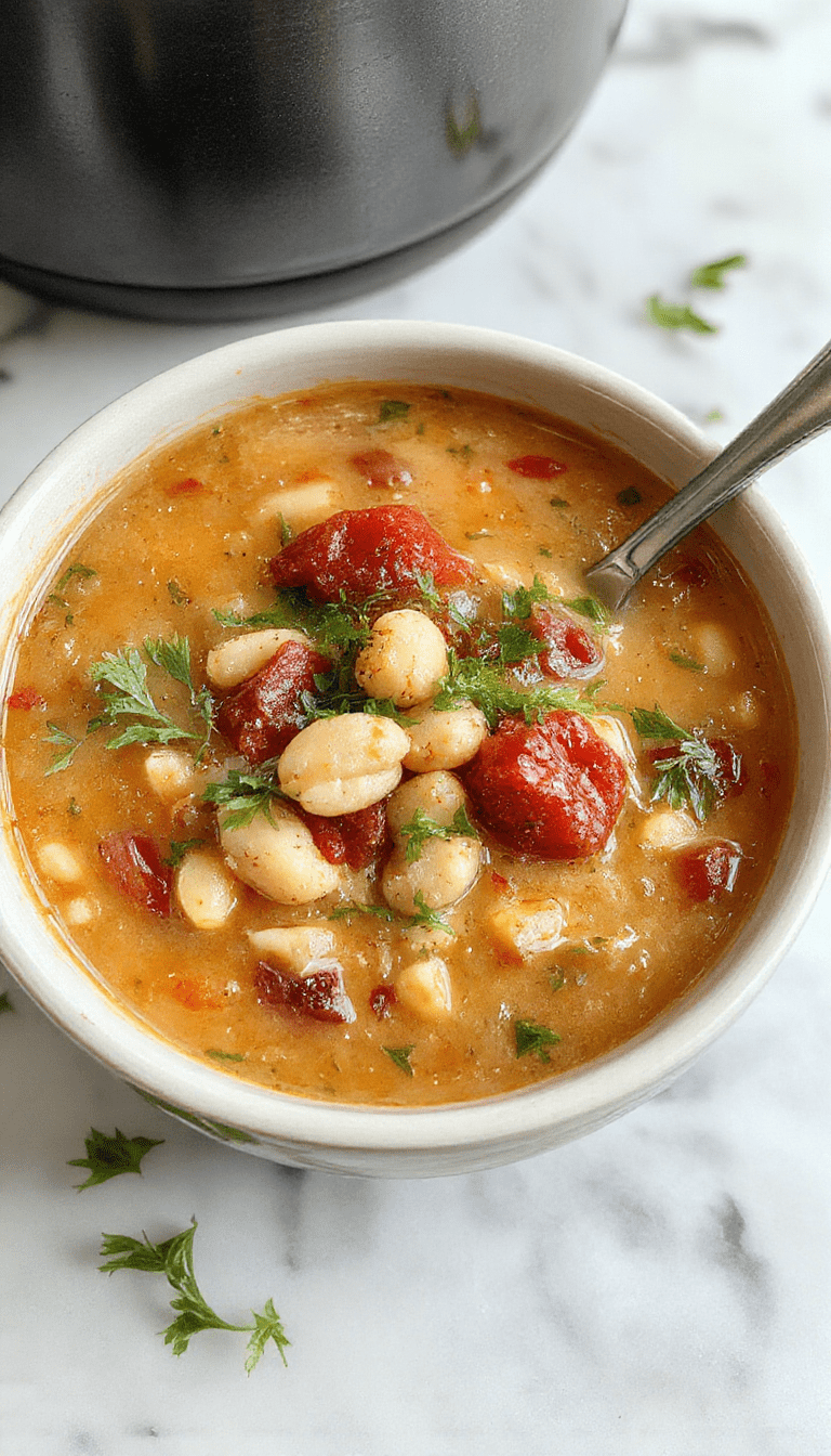 A bowl of creamy Tuscan white bean soup garnished with fresh herbs, surrounded by crusty bread slices and a drizzle of olive oil, set on a rustic wooden table with a vibrant green sprig of parsley on top, highlighting the rich textures and warm tones of the soup.